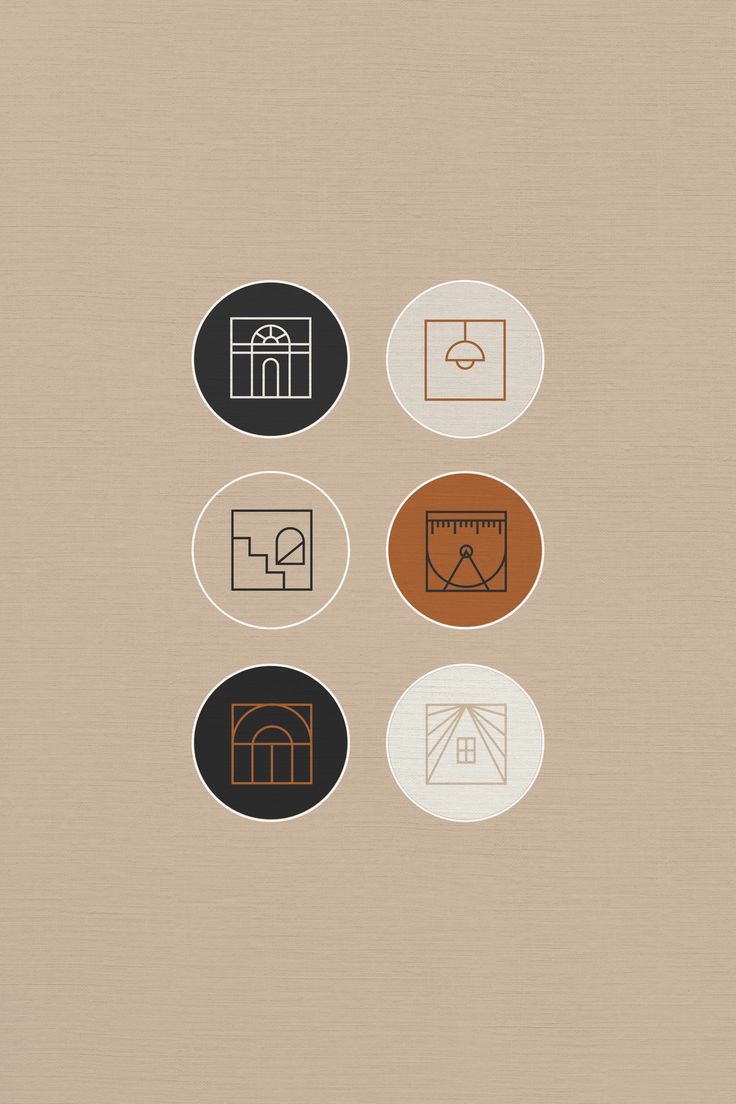 four circles with different types of buildings on them, all in orange and white colors