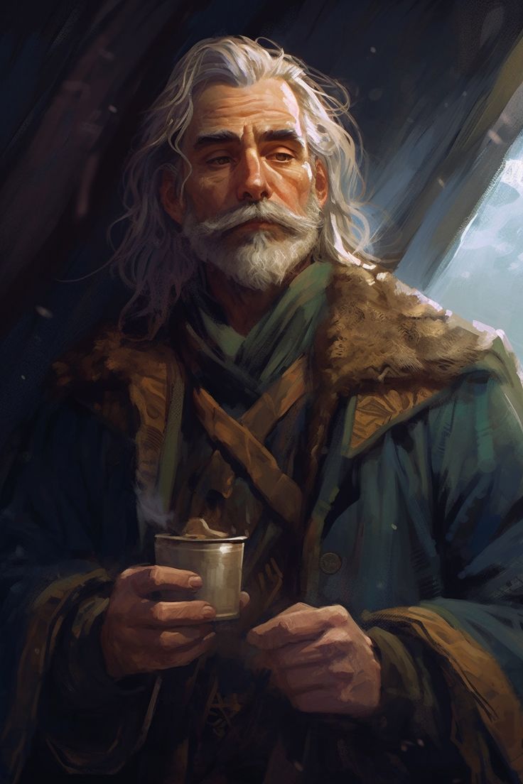 an old man holding a cup in his hand and wearing a fur collared coat