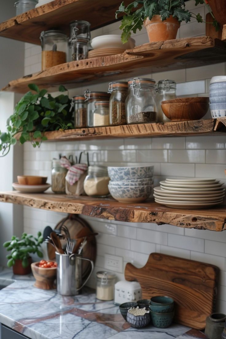 the shelves in the kitchen are filled with pots, pans and other things to cook