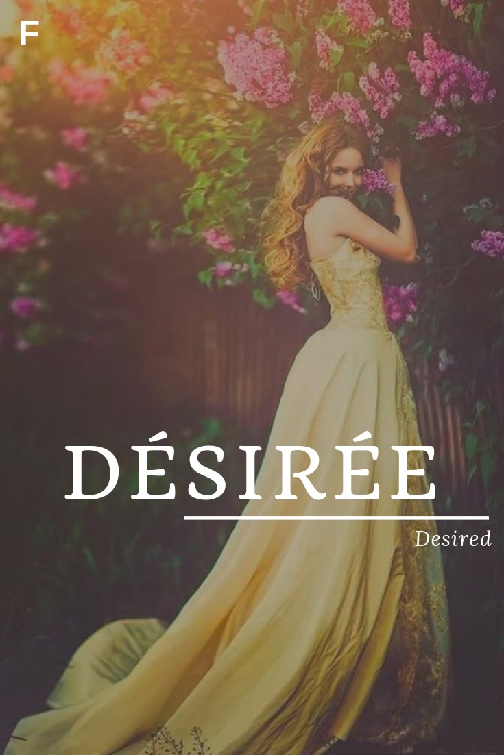 a woman in a yellow dress is standing next to some pink flowers and the words desire