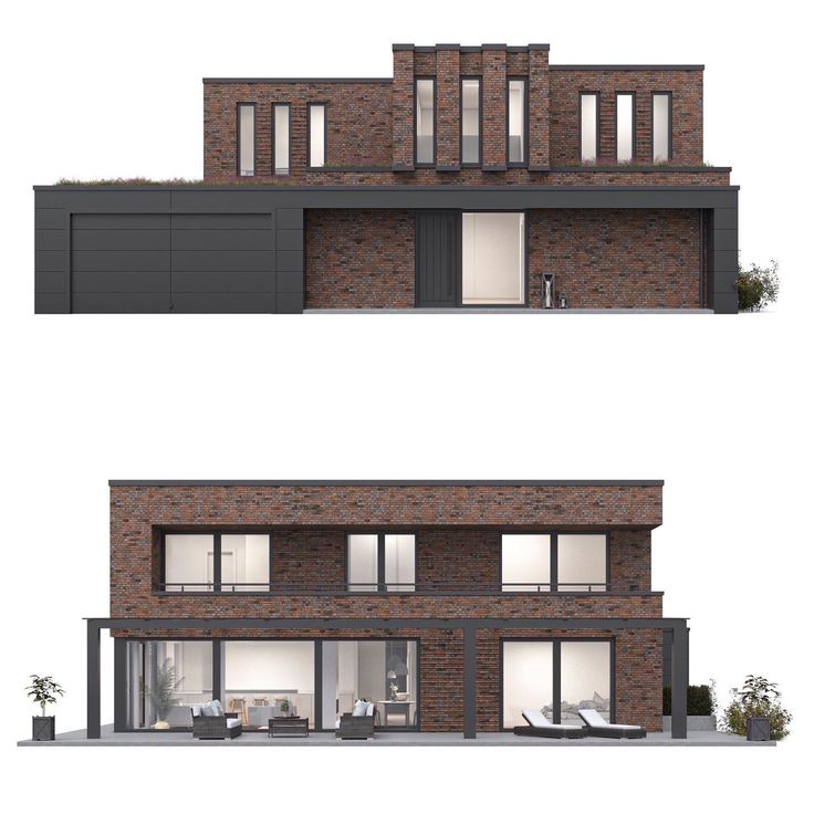 two renderings of the front and back of a brick building with glass doors on each floor