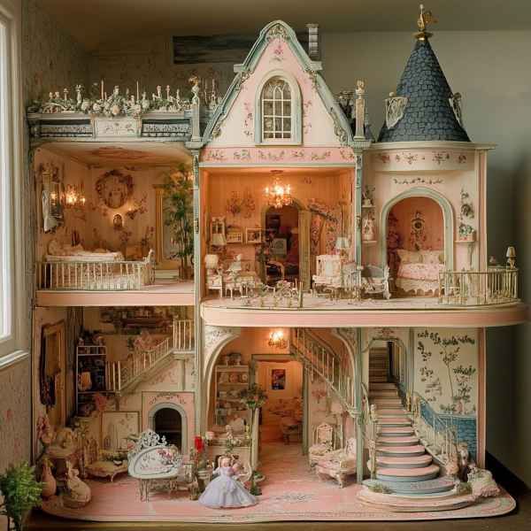 a doll house with lots of furniture and decorations on the top floor is shown in front of a window