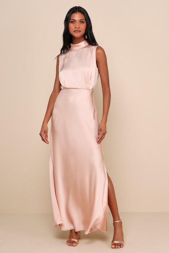 Classic Elegance Blush Satin Sleeveless Mock Neck Maxi Dress Blush Long Dress, Satin Bridesmaid Dresses Pink, Classic Wedding Guest Outfit, Blush Maid Of Honor Dress, Mauve Wedding Guest Dress, Blush Pink Satin Bridesmaid Dresses, Light Pink Wedding Guest Dress, Lulus Wedding Guest Dress, Elegant Blush Cocktail Dress