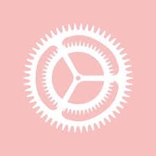 a pink background with white gears in the center and an orange circle at the bottom