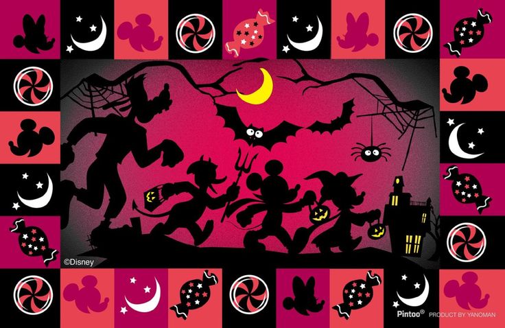 the silhouettes of mickey mouse and other characters are depicted in this halloween themed illustration