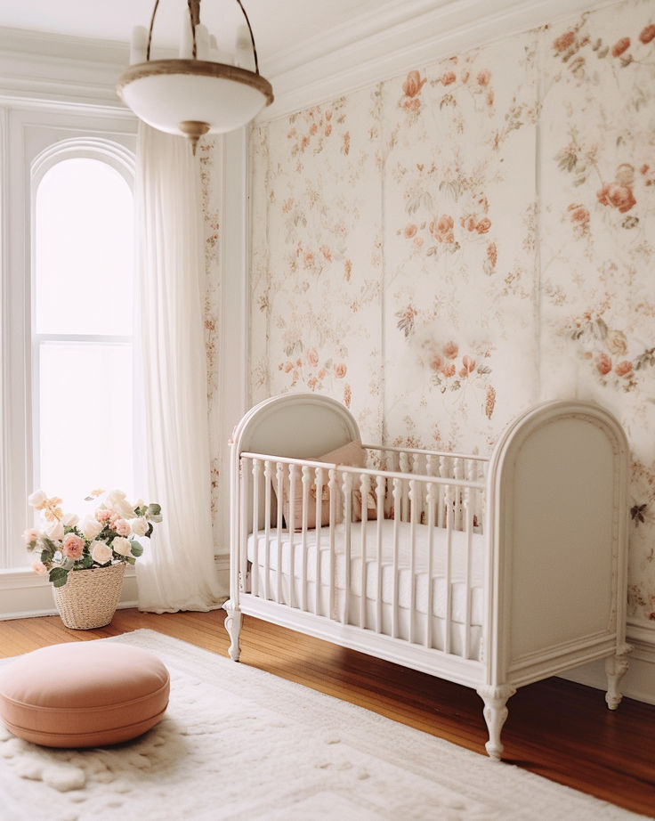 Charming AI created Floral Nursery Design Nursery Architectural Digest, Southern Nursery, Parisian Nursery, Nursery Interior Design, Nursery Interior, White Crib, Toddler Girl Room, Dream Beach Houses, Nursery Room Inspiration