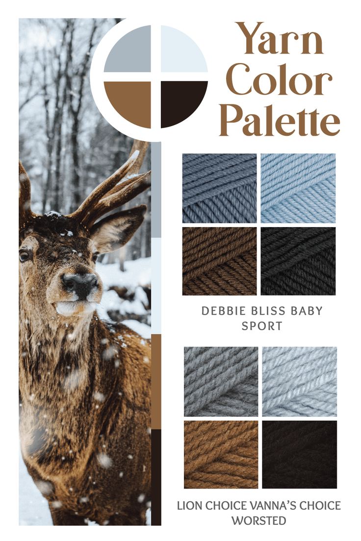 the yarn color palette is shown in various colors, including brown and grays with deer's antlers