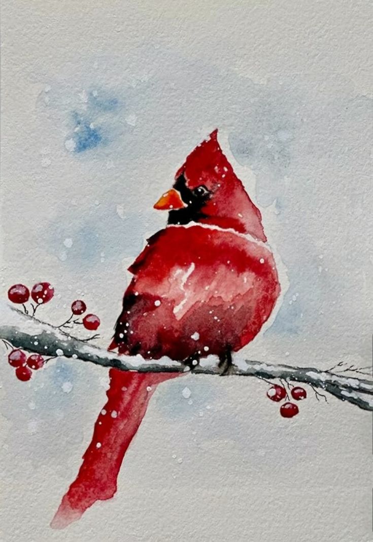 a watercolor painting of a cardinal sitting on a branch