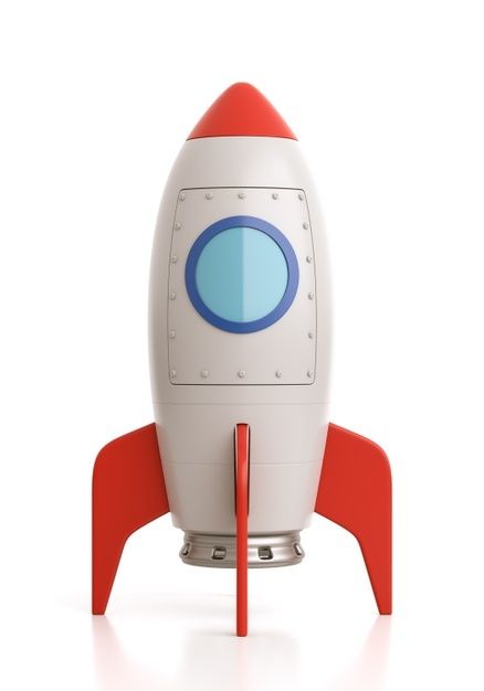 a white and red toy rocket with blue eyes on it's side, standing upright against a white background