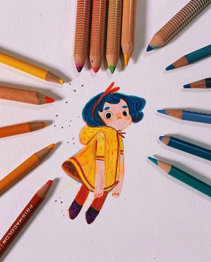 a drawing of a girl surrounded by colored pencils