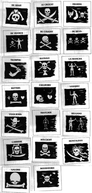 black and white image of pirate flags with skull designs on them, all in different shapes and sizes