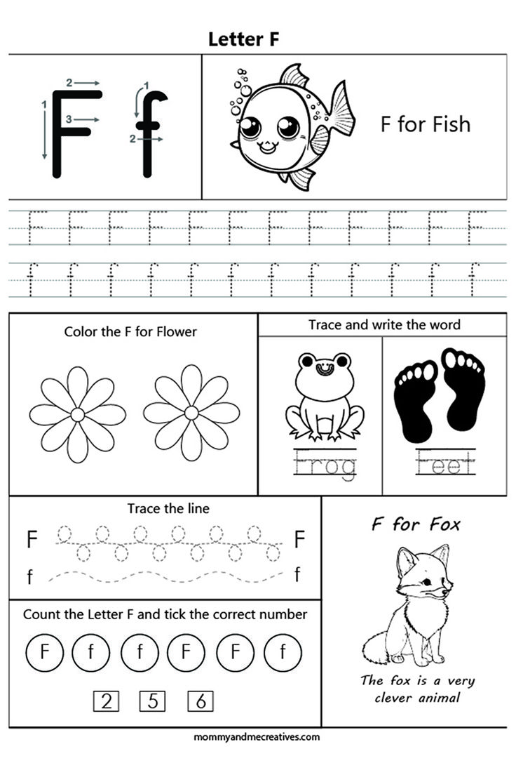 the letter f worksheet for children to learn how to write and draw letters