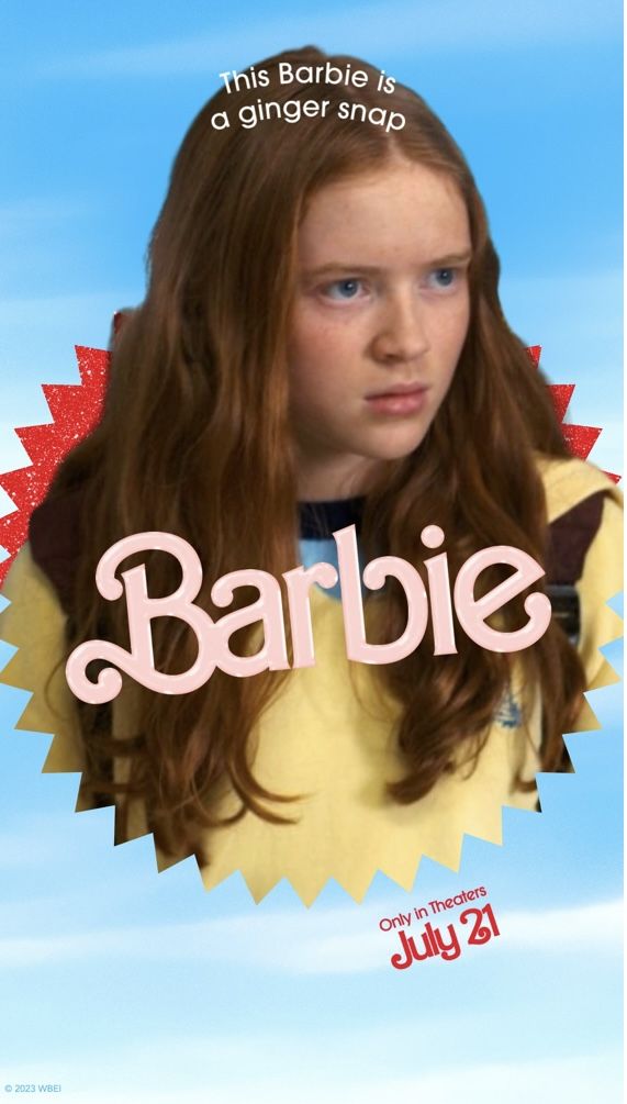 a girl with long red hair is looking at the camera and has an ad for barbie