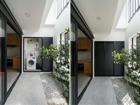 two pictures of the inside of a house with plants in front of it and an open door leading to another room