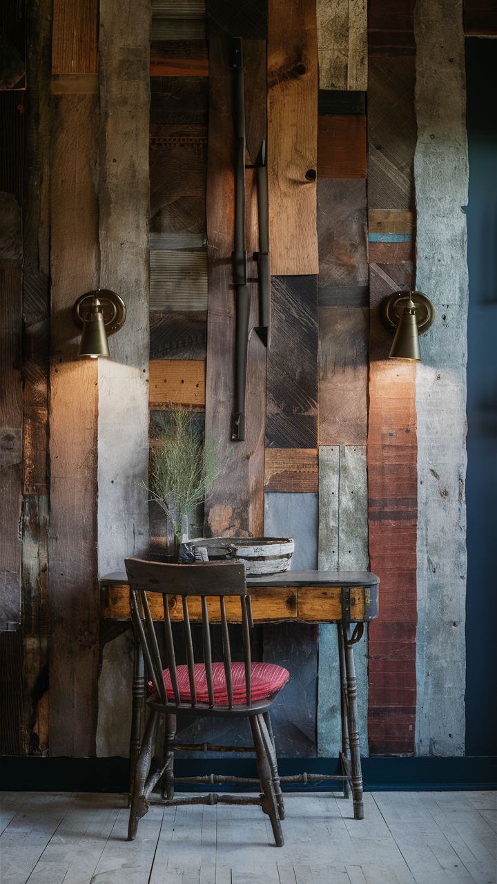 a chair and table in front of a wall with wooden planks on the walls