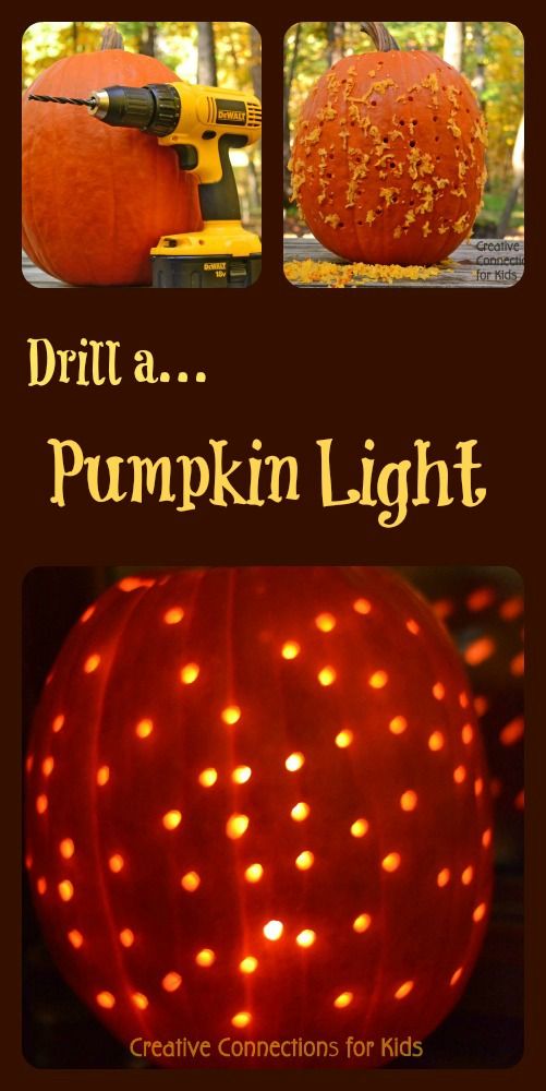 a pumpkin that is lit up with orange lights and the words, drill a pumpkin light creative connections for kids