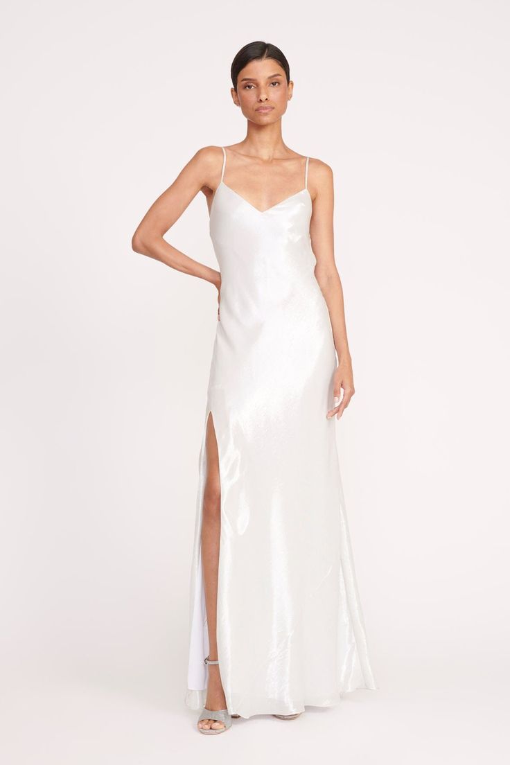 ALEXA DRESS | SILVER Elegant Slip Dress With Side Slits And Spaghetti Straps, Elegant Slip Dress With Spaghetti Straps And Side Slits, Glamorous Satin Dress With Side Slits, Formal Slip Dress With Spaghetti Straps And Side Slits, V-neck Bias Cut Slip Dress For Gala, Sleek Slip Dress With Bias Cut For Gala, Sleek V-neck Slip Dress For Gala, Sleek Bias Cut Slip Dress For Gala, Elegant Satin Slip Dress With Side Slits