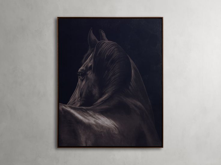 a black and white photo of a horse on a wall in a room with concrete walls