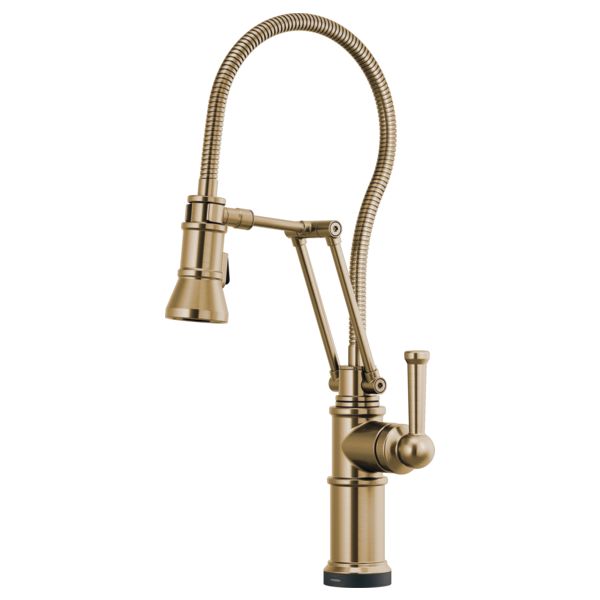 an antique brass faucet with goose head and pull - down sprayer on the side