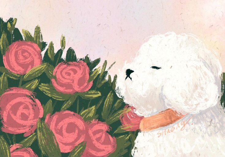 a painting of a white teddy bear with pink roses