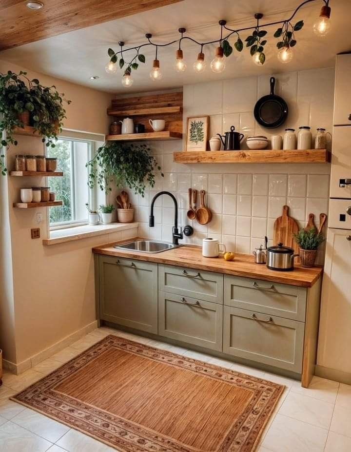 a kitchen with green cabinets and hanging plants