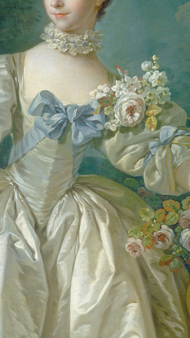 a painting of a woman wearing a white dress with flowers in her hair and a blue ribbon around her neck