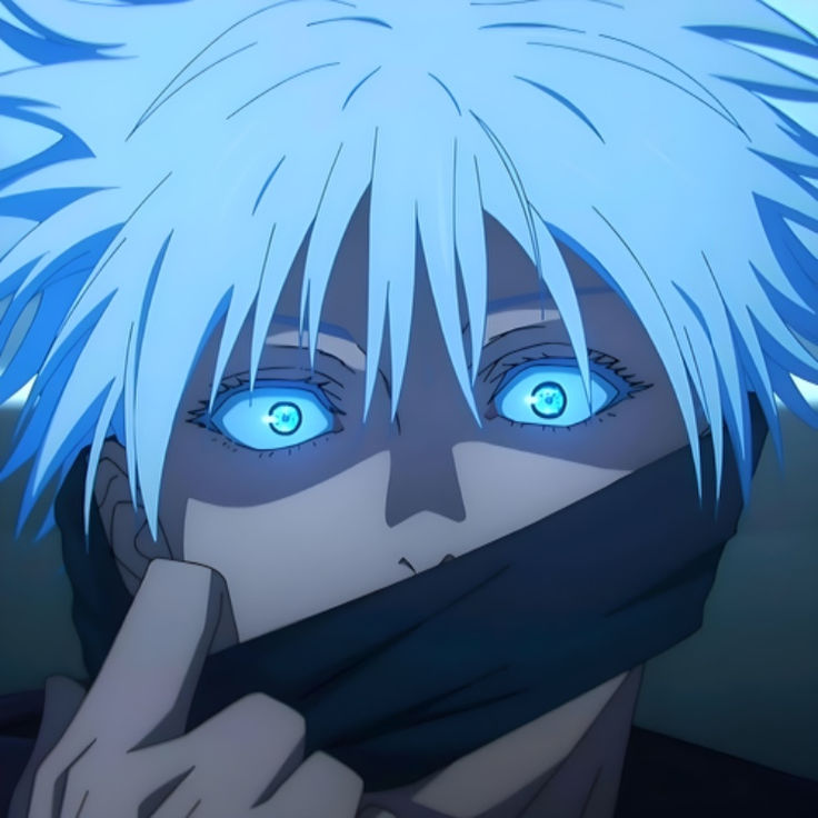 an anime character with white hair and blue eyes holding a black object in front of his face