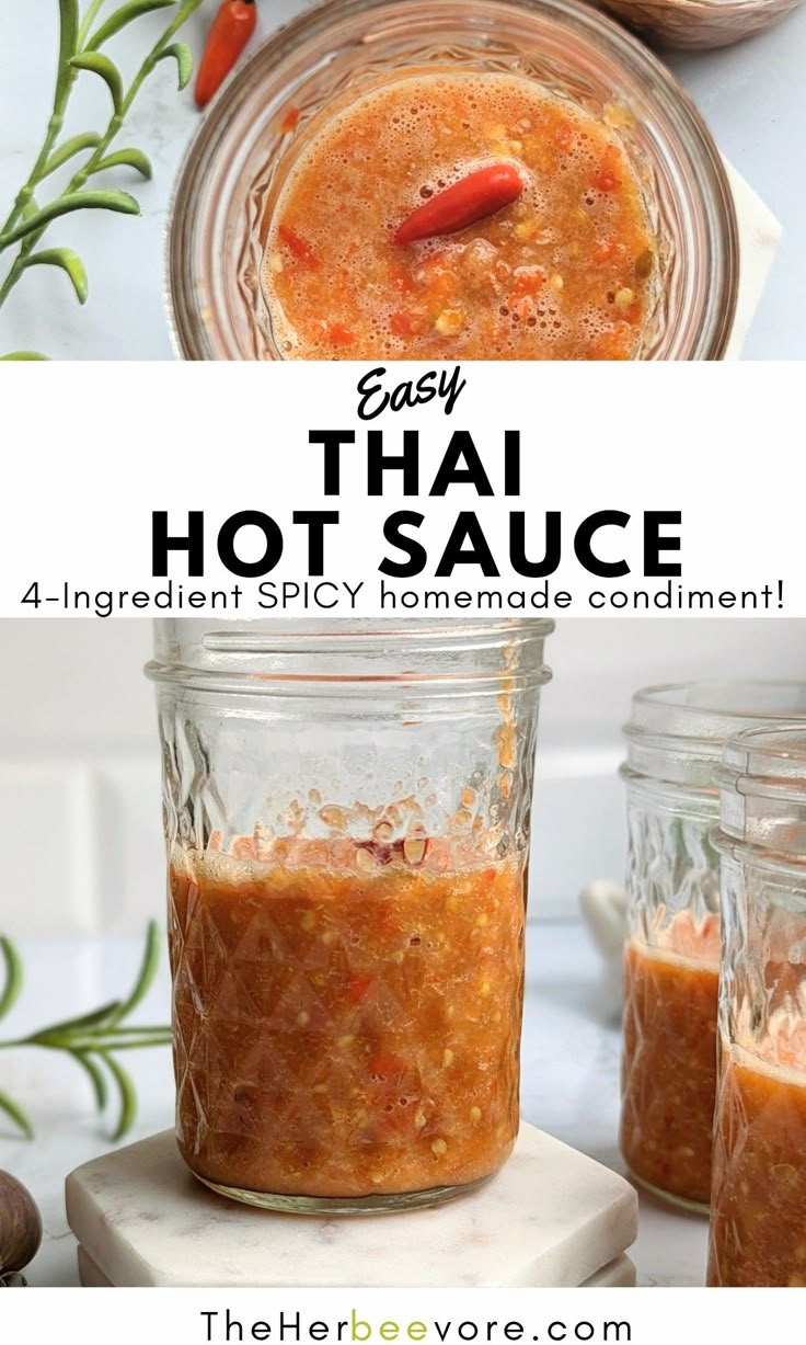 thai hot sauce in glass jars with text overlay