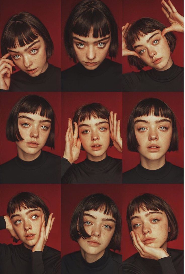 multiple images of a woman with different facial expressions and hands on her face, looking at the camera