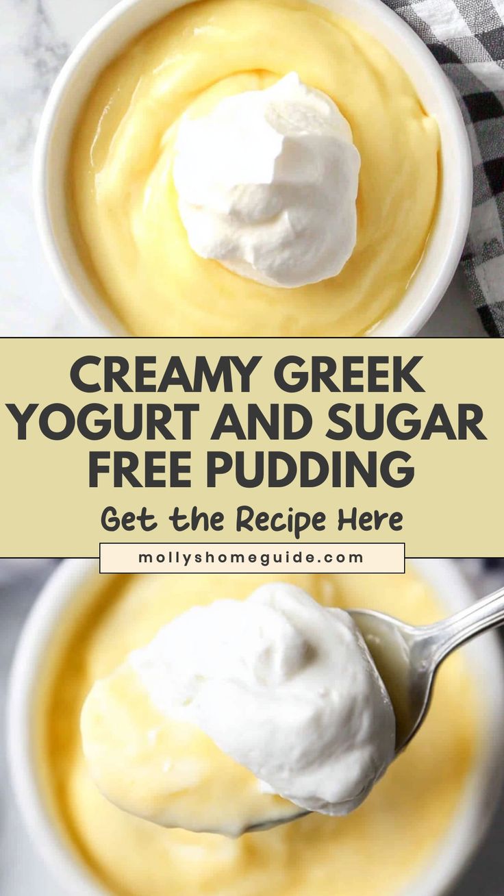 creamy greek yogurt and sugar free pudding recipe with text overlay that reads, creamy greek yogurt and sugar free pudding get the recipe here