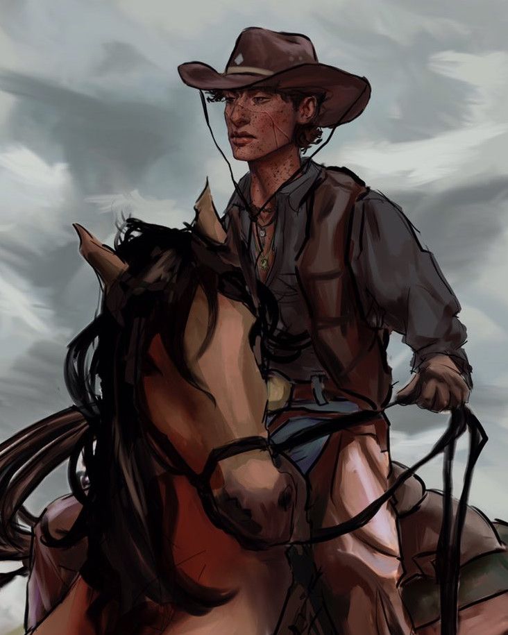 a man riding on the back of a brown horse next to a sky filled with clouds