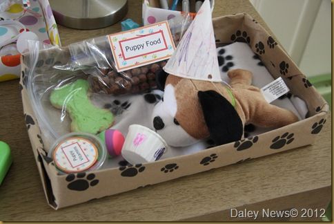 there is a dog in a box with toys