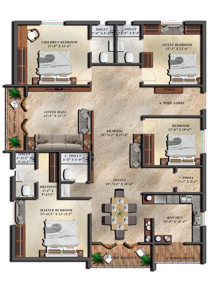 three bedroom apartment floor plan with two bathrooms and one living room in the same area