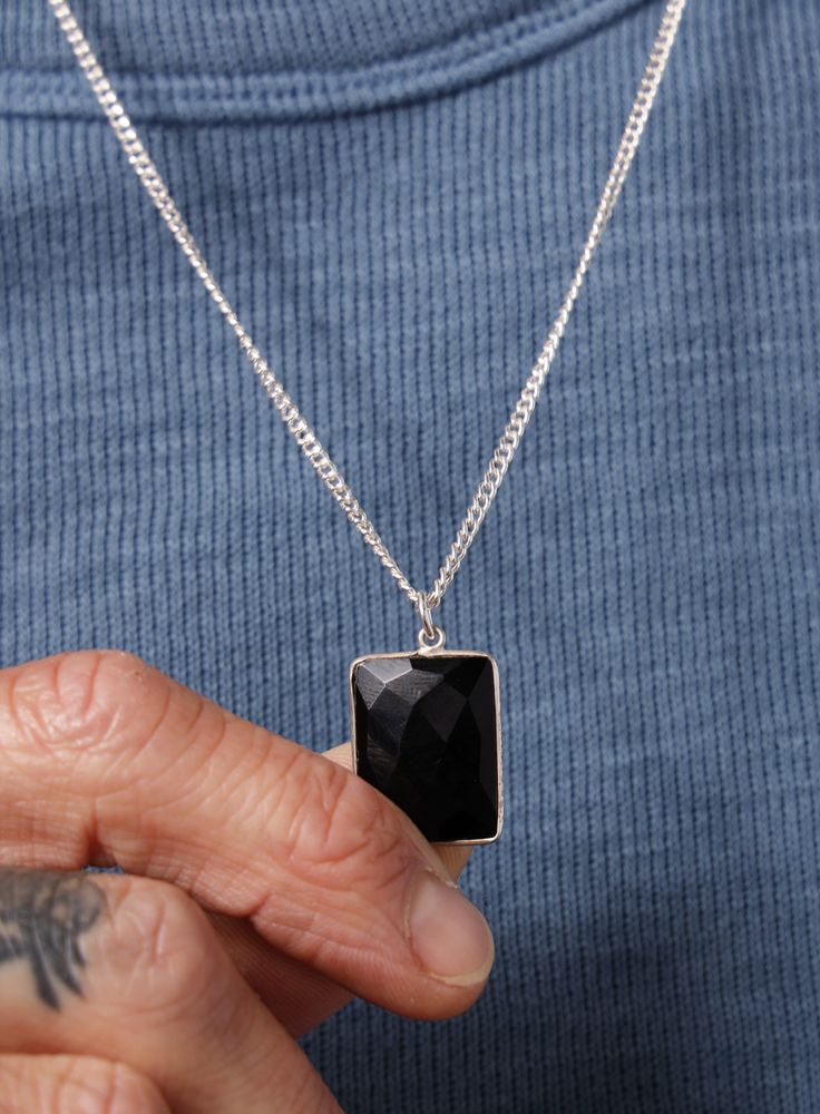 925 Sterling Silver Genuine Black Onyx Pendant Chain Necklace Necklace WE ARE ALL SMITH: Men's Jewelry & Clothing. Silver Cuban Chain, Black Onyx Pendant, Stainless Bracelet, Onyx Pendant, Cuban Chain, Cord Bracelets, Square Shape, Men Necklace, Gemstone Necklace