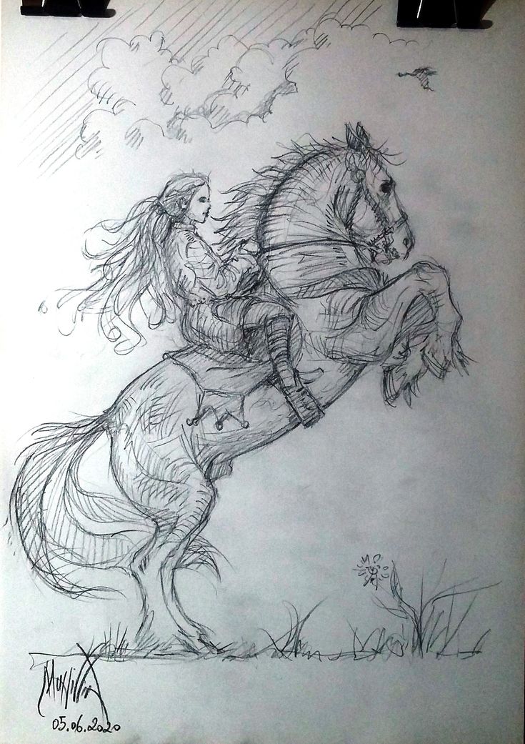 a drawing of a woman riding on the back of a horse in front of a cloudy sky