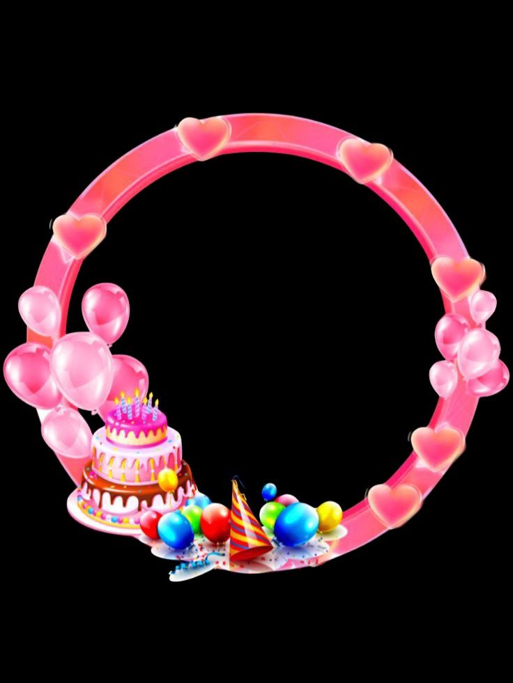 a birthday cake surrounded by balloons and confetti in the shape of a circle