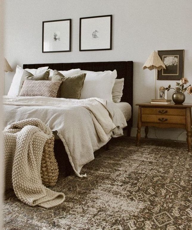 a bedroom with a bed, rug and two pictures on the wall above it's headboard