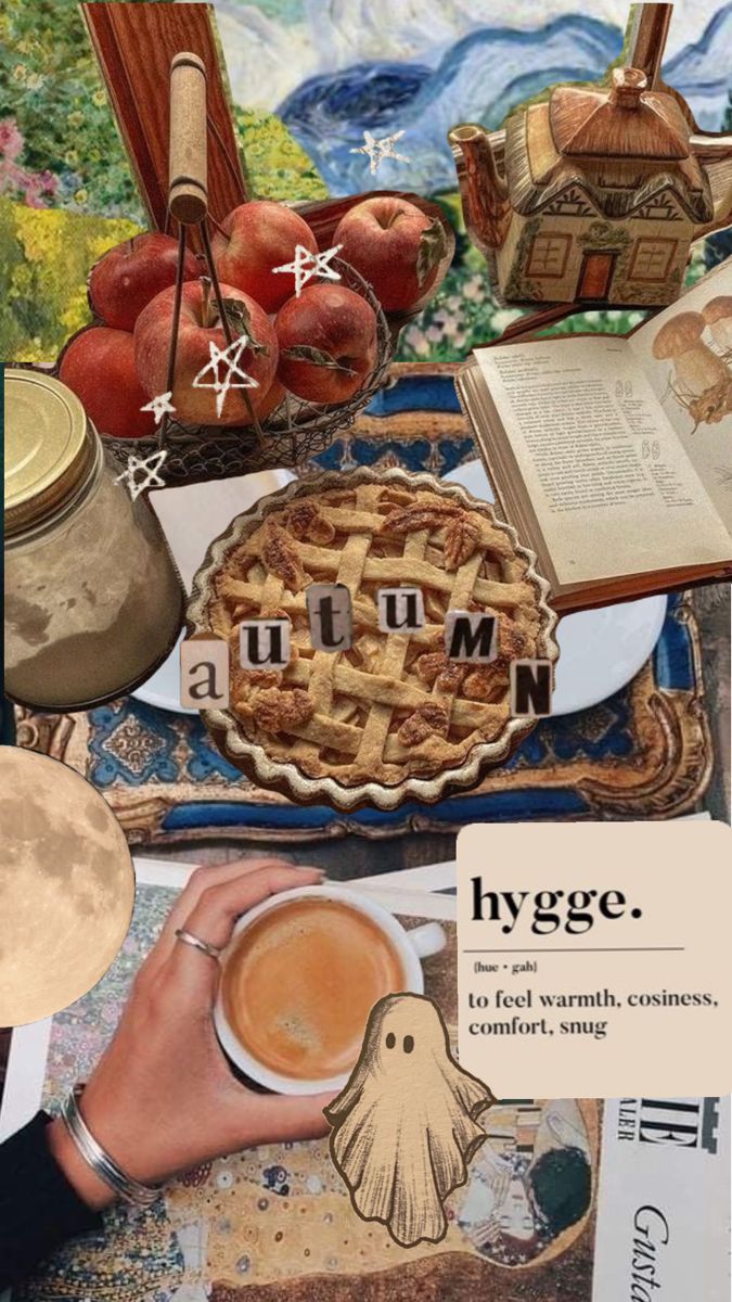 a collage of images with food and words on them, including an apple pie