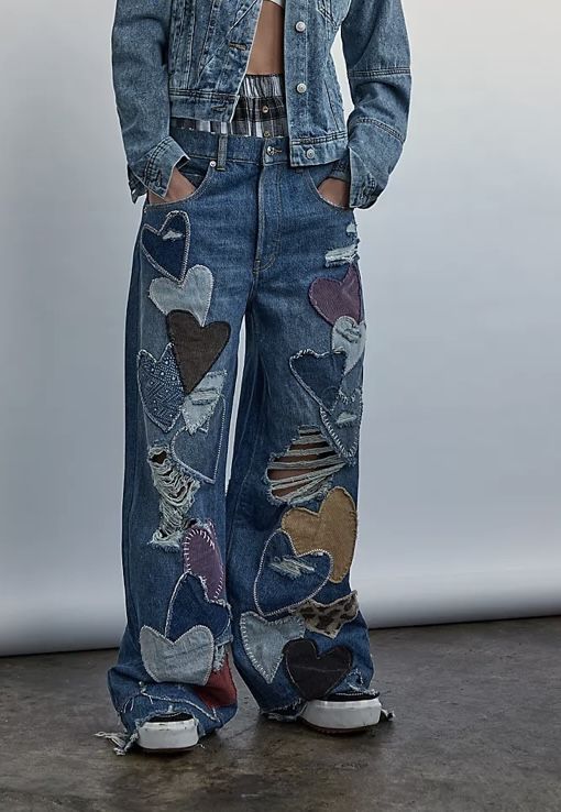 Denim Pants Upcycle, Cool Denim Jeans, Denim Rework Ideas, Jeans With Fabric Patches, Patchwork Denim Pants, Patched Jeans Diy Ideas, Diy Mens Fashion, Reusing Old Clothes, Pant Upcycle