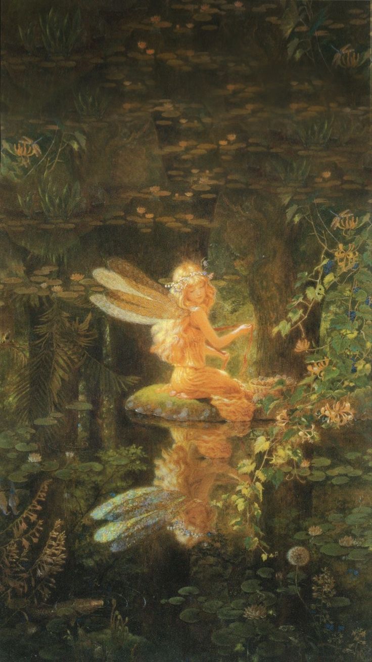 an image of a fairy sitting on a rock in the water with lily pads around it