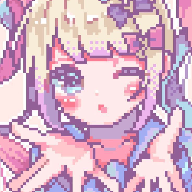 an anime character with pink hair and blue eyes is depicted in the pixel art style