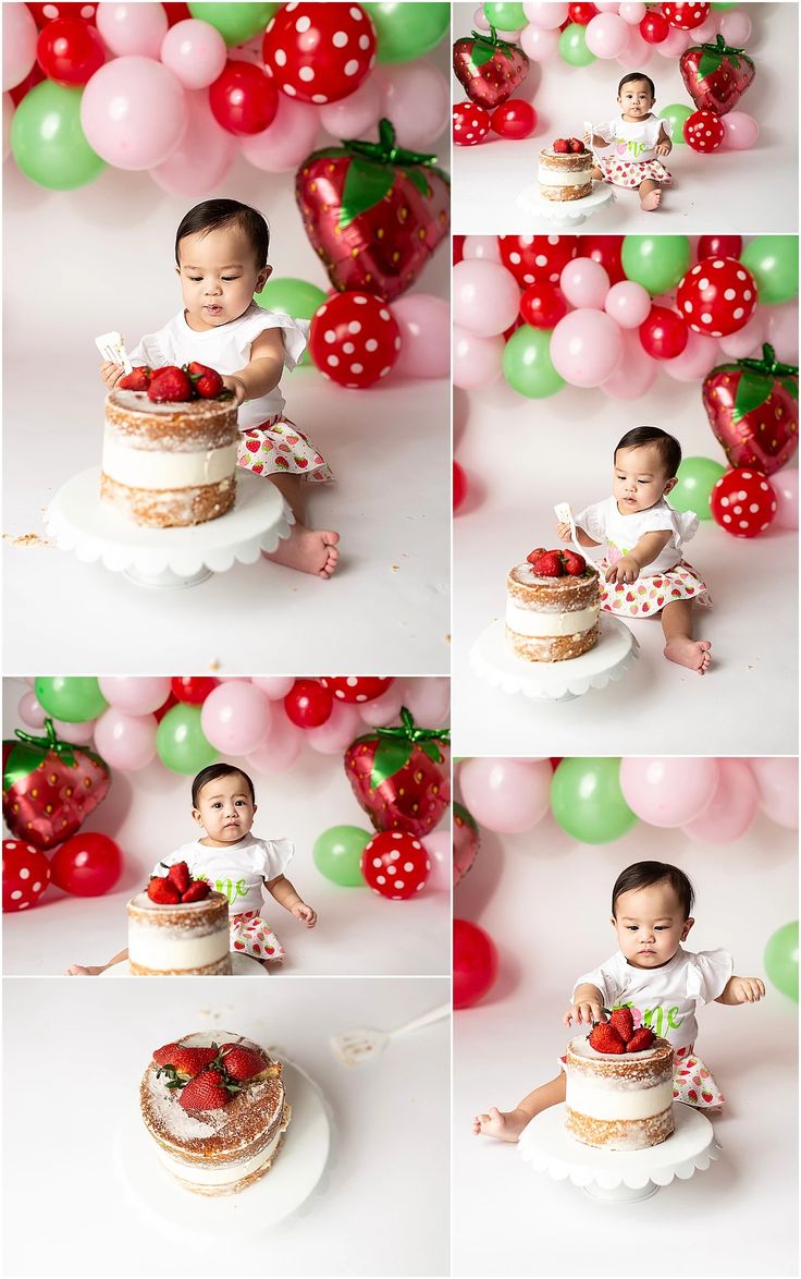 Strawberry Cake Smash Photography Strawberry Cake Smash Photography, Berry 1st Birthday Photoshoot, Berry Cake Smash, Strawberry Baby Photo Shoot, Strawberry 1st Birthday Photoshoot, Strawberry Shortcake Photoshoot, Berry Smash Cake, Berry First Birthday Photoshoot, Berry First Birthday Cake Smash