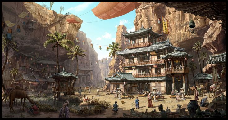 ArtStation - Oriental desert village. Desert Village, Canyon City, Environment Projects, Painting School, Fantasy Village, Concept Art Tutorial, Desert Vibes, Landscape Photography Nature, Scene Art