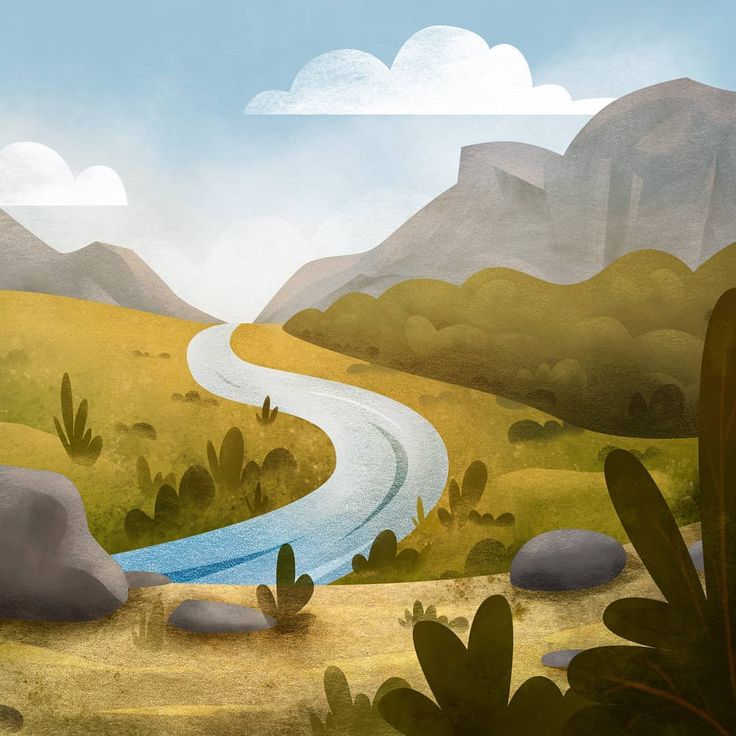 a painting of a winding road in the desert with cactus and cacti on either side