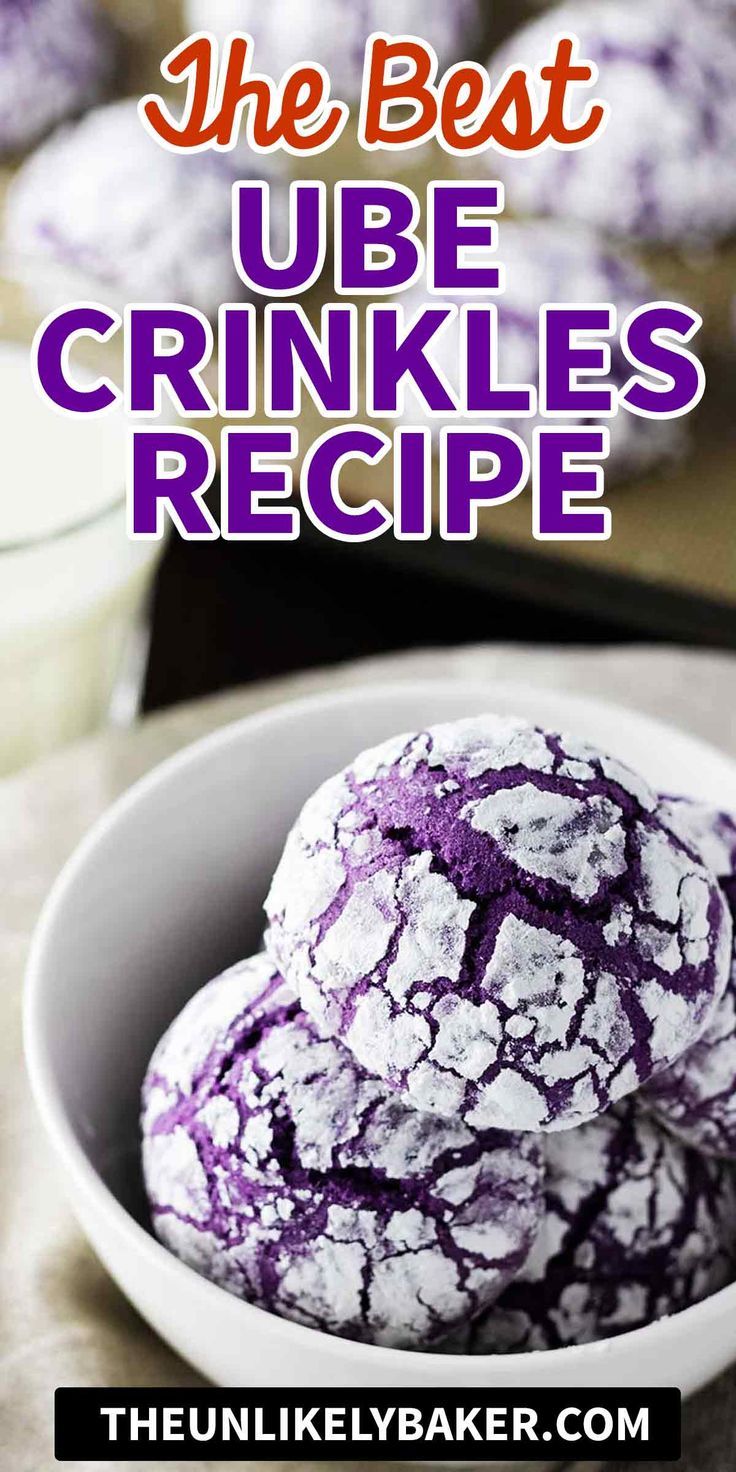 the best ube crinkles recipe is in a white bowl with purple icing