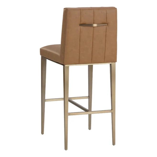 a brown leather bar stool with metal frame and backrests on an isolated white background