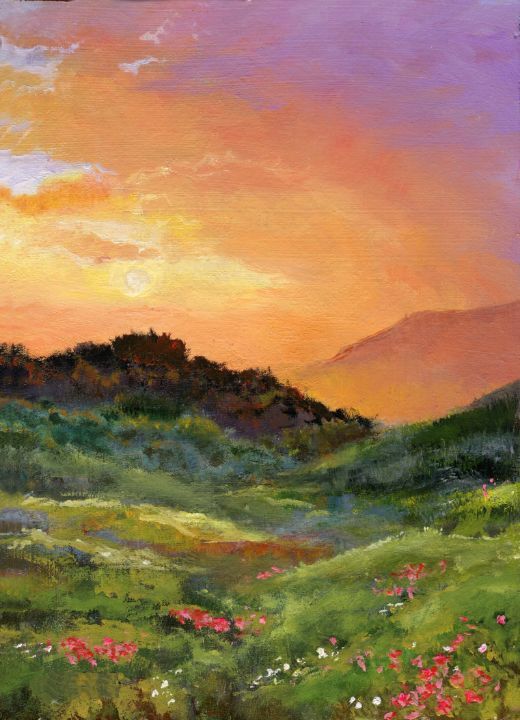 an oil painting of a sunset over a green field with wildflowers in the foreground