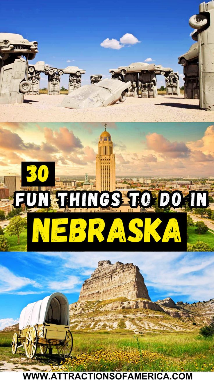 Image of Carhenge and other attractions with text overlay reading 30 fun things to do in Nebraska. Things To Do In Nebraska, Lake Mcconaughy, 50 States Travel, Chimney Rock, Lake Vacation, Space Museum, Heritage Museum, Air And Space Museum, Vacation Usa