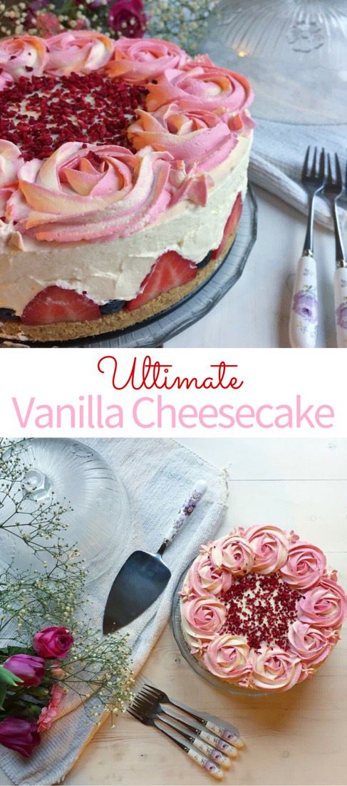 a cake with white frosting and pink flowers on top