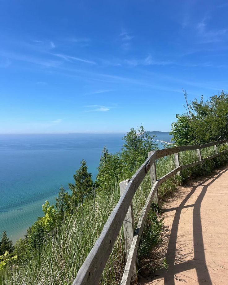 a wooden bench sitting on top of a lush green hillside next to the ocean,